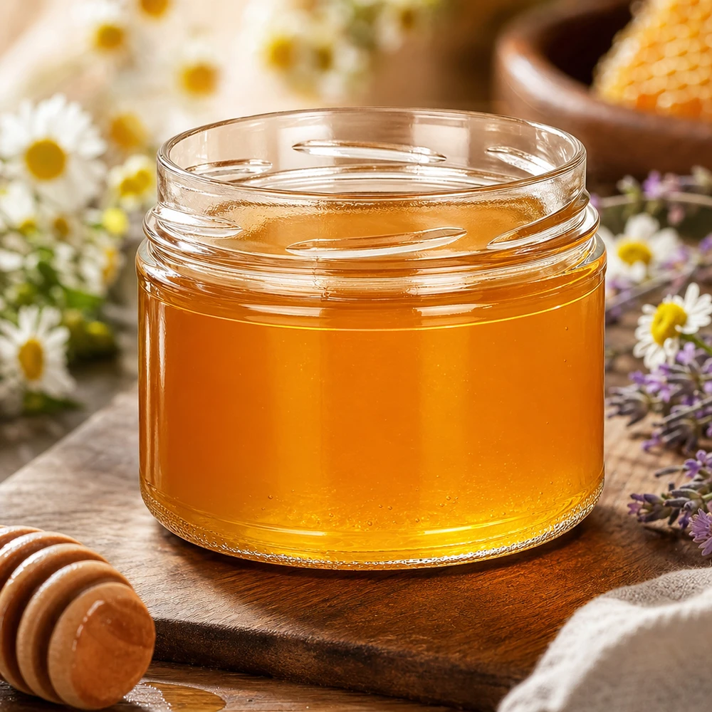 540ml Verre rond sans couvercle (TO100) UNiTWIST UNiTWIST Runda540 Verre renversé 540ml TO100 rempli de miel jaune doré Planche en bois Fleurs de camomille Cuillère à miel naturelle
