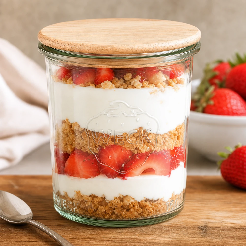 WECK Pot 160ml RR60 avec couvercle en bambou rempli de dessert à la fraise Dessert en couches dans un pot de conserve Table de cuisine