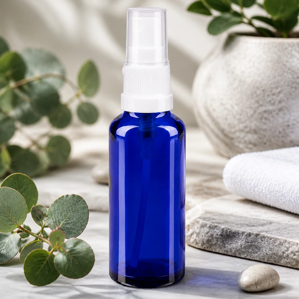 Flacon de pharmacie bleu 10ml embout spray noir Petite bouteille en verre bleue munie d'un vaporisateur, posée sur une pierre naturelle et entourée de branches d'eucalyptus