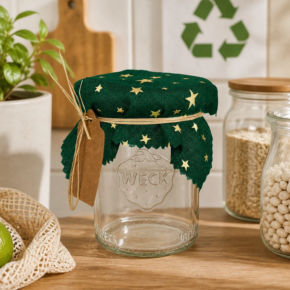 Cache-bijoux vert étoilé avec ruban de raphia et pendentif sur verre Weck dans cuisine durable 12cm carré