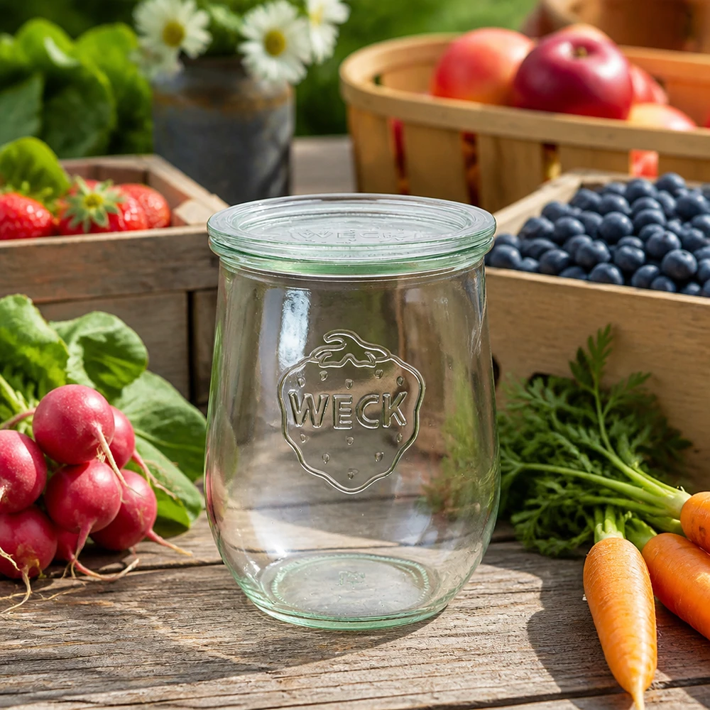 WECK Pot tulipe 1062ml Couvercle en verre RR100 Conservation fruits frais légumes radis carottes myrtilles table en bois