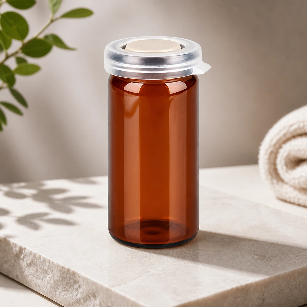 Pot à comprimés 10 ml ambré, avec bouchon à déclic Flacon de pharmacie vide de 10 ml, couleur ambre, avec bouchon à pression transparent, posé sur du marbre