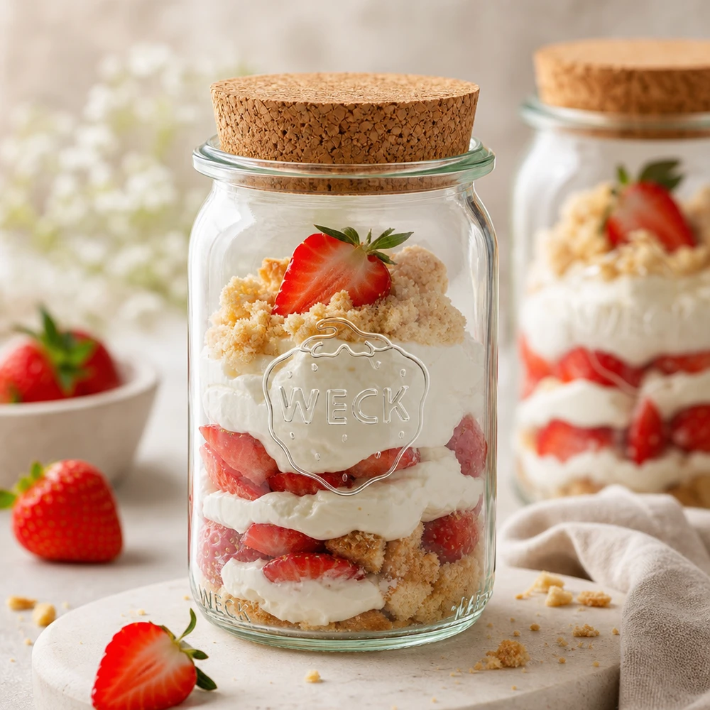 145ml bocal cylindrique WECK RR40 avec bouchon nature WECK Pot de conservation 145ml avec couvercle en liège utilisable comme pot à dessert avec tarte aux fraises dessert en couches tiramisu en pot