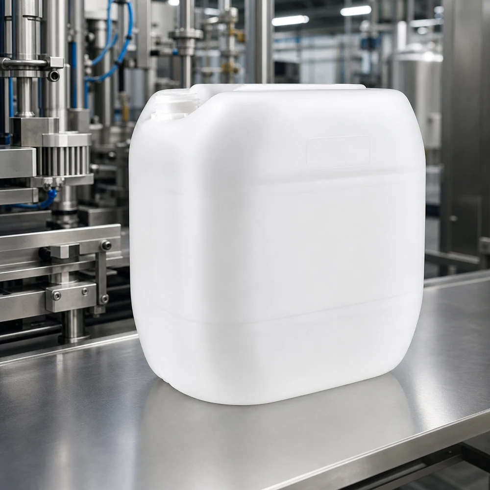 Jerrican de 30 litres sans bouchon Bidon industriel de 30 litres sans bouchon posé sur une table en acier inoxydable dans une installation de remplissage moderne
