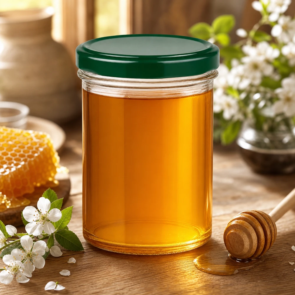 Verre renversé de 350 ml UNiTWIST vert rempli de miel à côté de cuillères à miel Nid d'abeille et fleurs sur une table en bois rustique