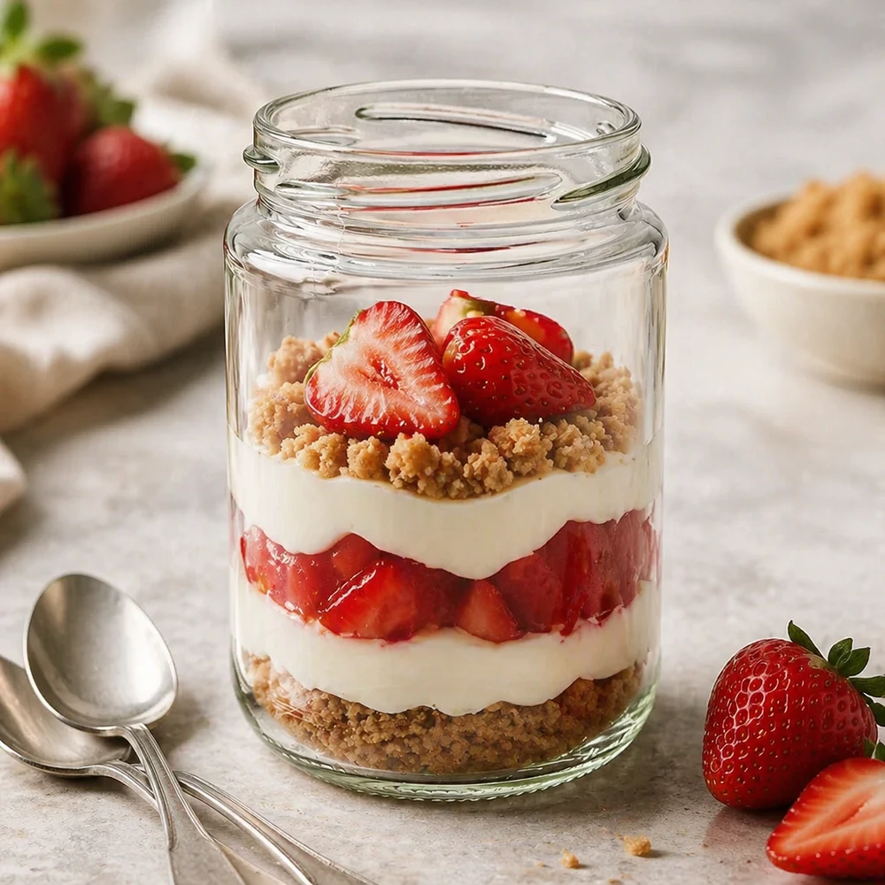 390ml Verre rond sans couvercle (TO70) UNiTWIST UNiTWIST Runda390 Pot rond 390ml TO70 avec couches de dessert à la fraise comme pot de conservation pour les desserts et Meal Prep
