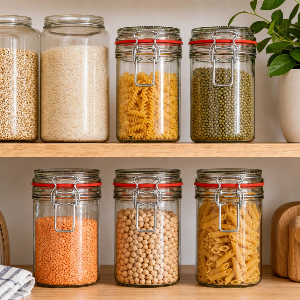 Bocaux à provisions avec fermeture à étrier remplis de pâtes riz lentilles pois chiches rangement organisé de cuisine Pantry