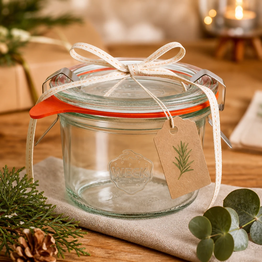 Pot renversé WECK RR60 de 80 ml comme emballage cadeau avec ruban et pendentif dans une décoration de Noël chaleureuse