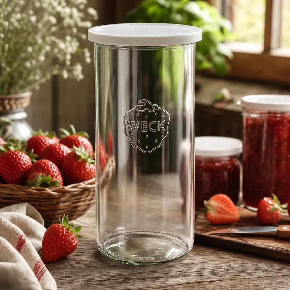 WECK Bocal à provisions 1500ml RR100 dans une cuisine rustique avec des fraises et des pots de confiture comme prise de vue lifestyle