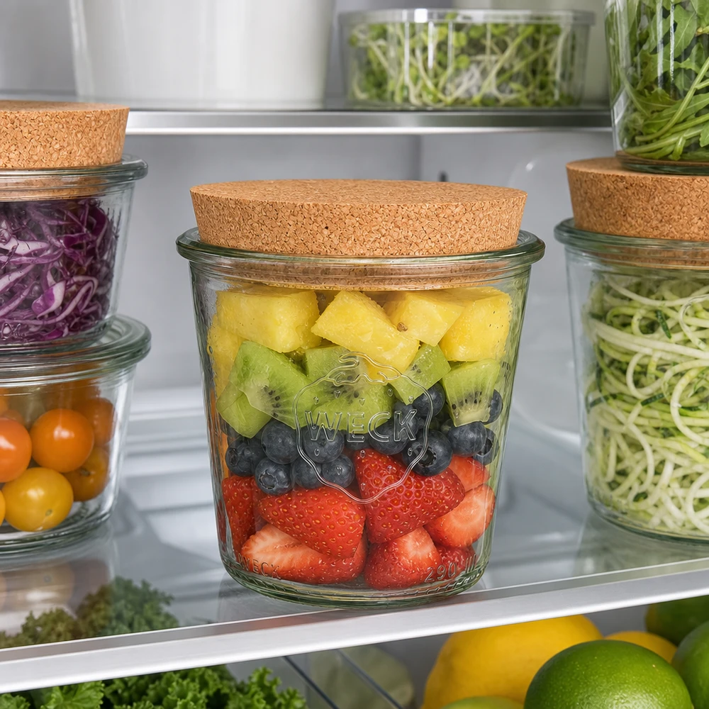 WECK Pot renversé 290ml RR80 avec couvercle en liège pour la conservation de fruits frais au réfrigérateur Meal Prep
