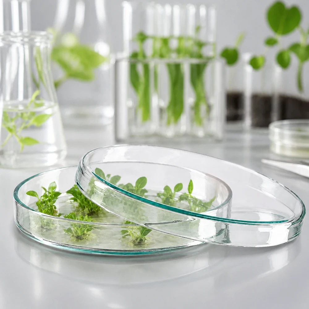 Boîte de Petri en verre 100x10 mm Boîte de Pétri en verre de 100 x 10 mm contenant des plants verts destinés à la culture botanique in vitro