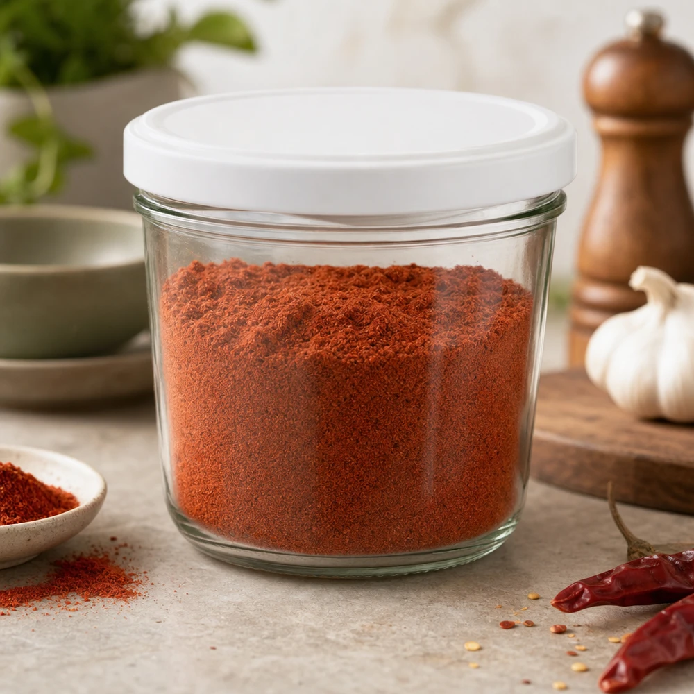Le bocal en verre de 230 ml rempli de poudre de paprika montre une utilisation polyvalente pour les épices et les provisions de cuisine.