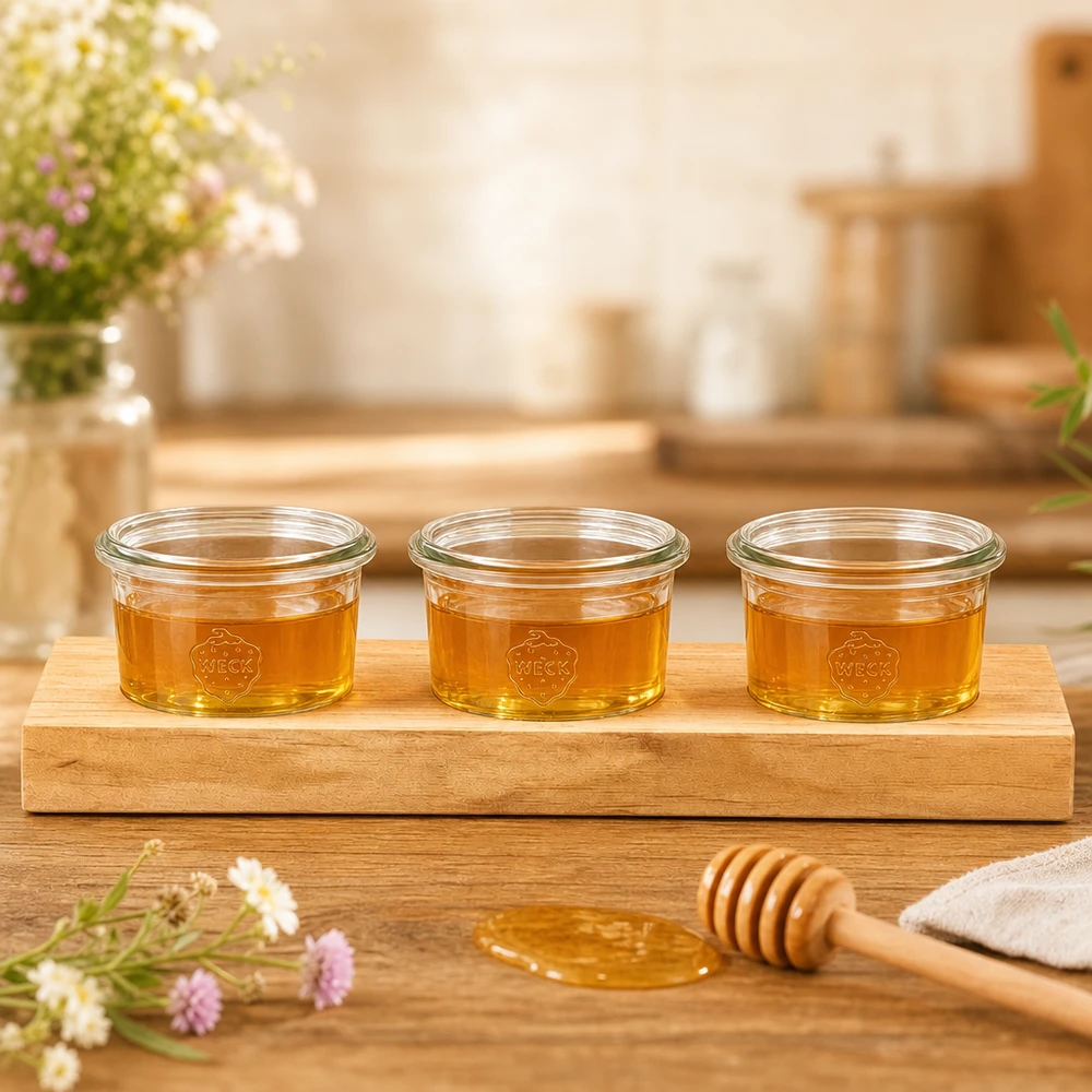 Planche de service Plano3 avec 3 pots Weck de 80 ml remplis de miel doré à côté de cuillères à miel sur une table en bois