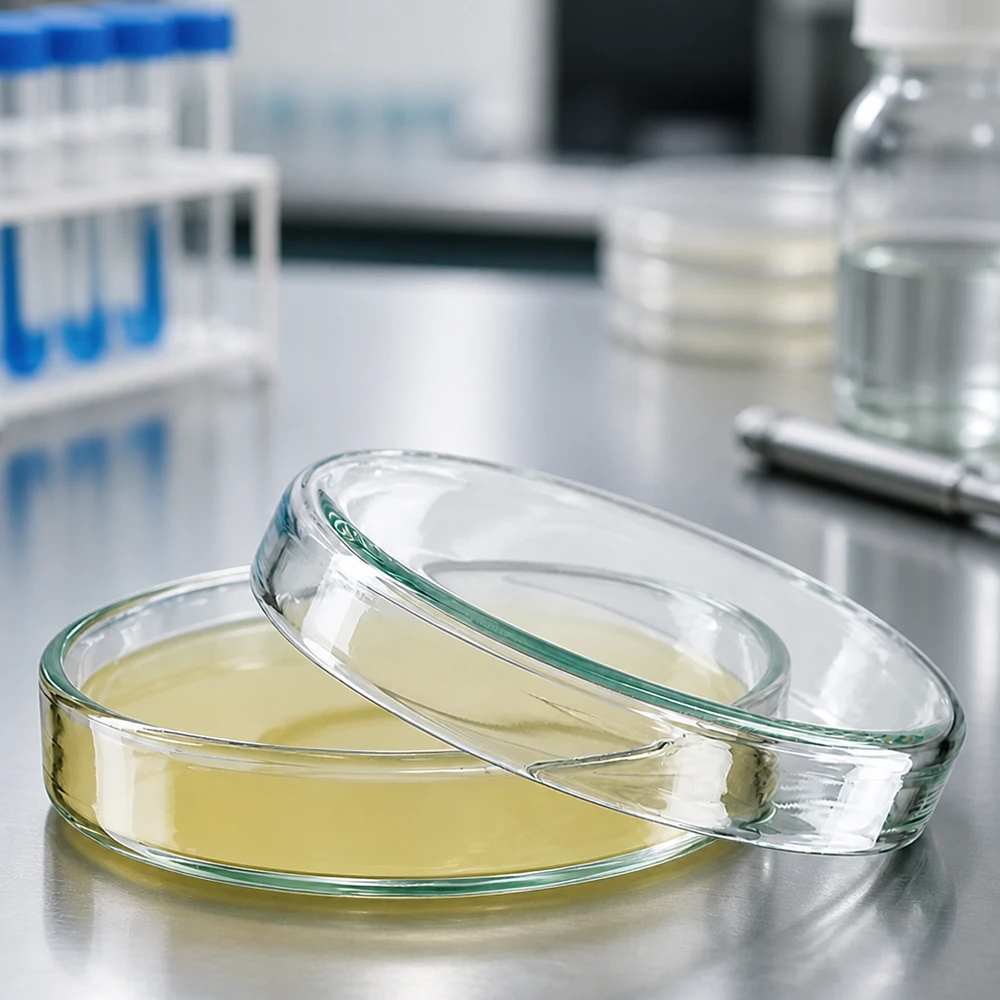 Boîte de Pétri en verre 60x15 mm Boîtes de Pétri en verre de 60 x 15 mm remplies d'agar de culture jaune dans un environnement de laboratoire professionnel