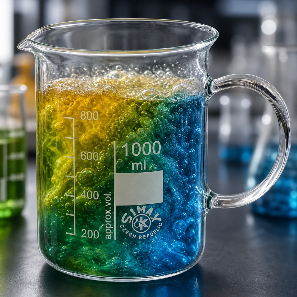 Bécher avec poignée 1000ml en verre borosilicate résistant à la chaleur (forme normale) Bécher de 1 000 ml avec anse et mélange de réactifs colorés (bleu, vert, jaune) en laboratoire