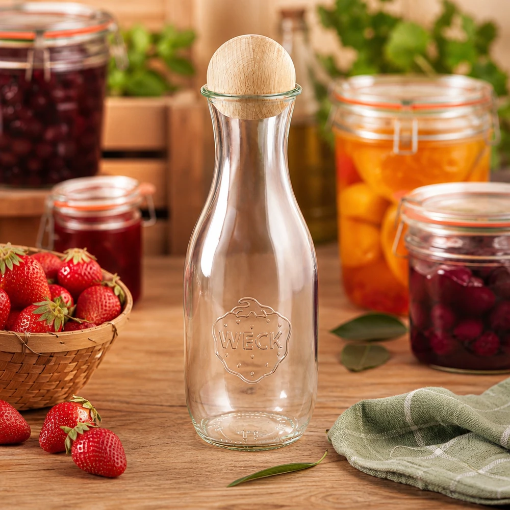 1062ml Bouteille à jus de fruits WECK RR60 avec boule en bois en hêtre WECK Bouteille en verre 1062ml dans la cuisine avec pots de confiture fraises et bouchon boule en bois en hêtre