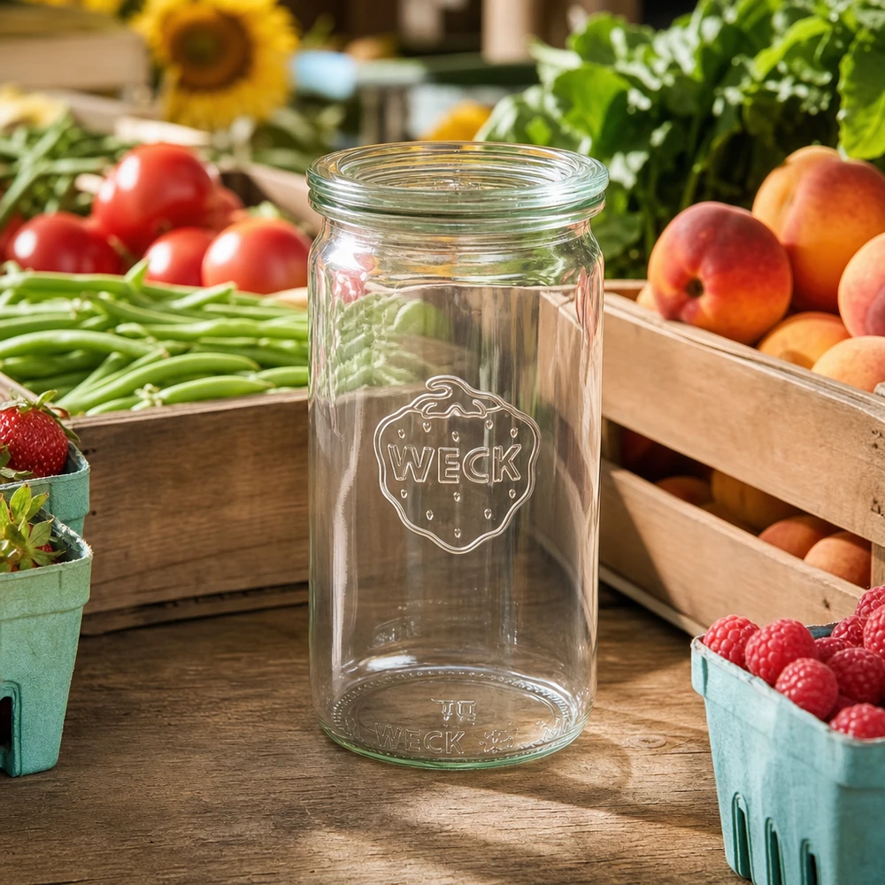 WECK 340ml verre cylindrique RR60 transparent sur table en bois entouré de fruits frais légumes et baies atmosphère de stand de marché