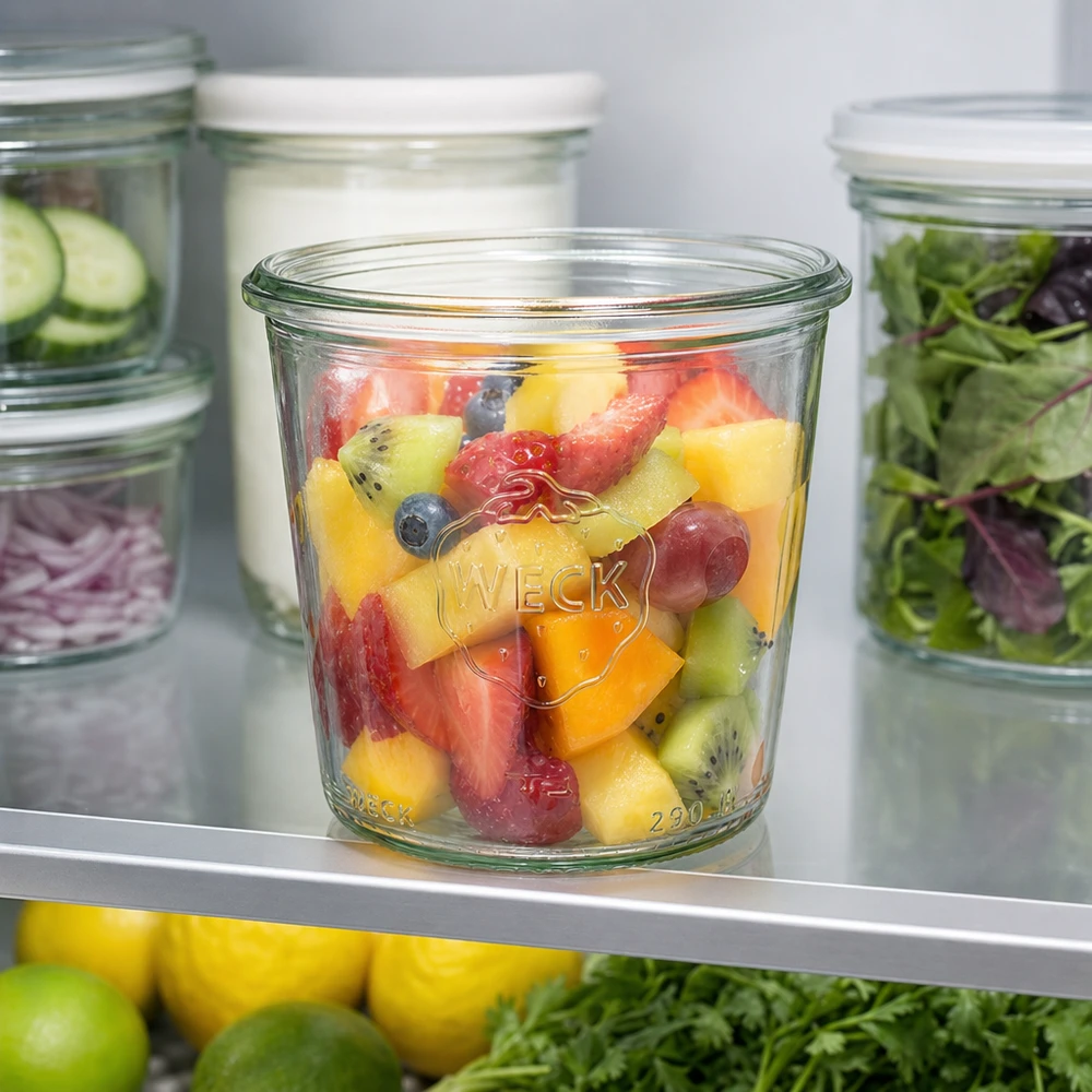 290ml WECK Pot renversé haut RR80 rempli de salade de fruits multicolore dans le réfrigérateur à côté d'autres bocaux de conservation