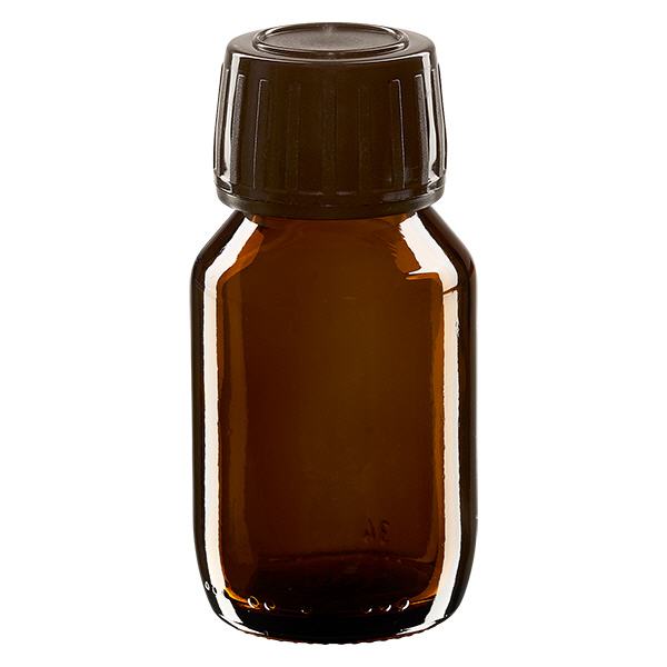Flacon médical 50 ml couleur ambrée avec bouchon brun Flacon médical 50 ml couleur ambrée avec bouchon brun