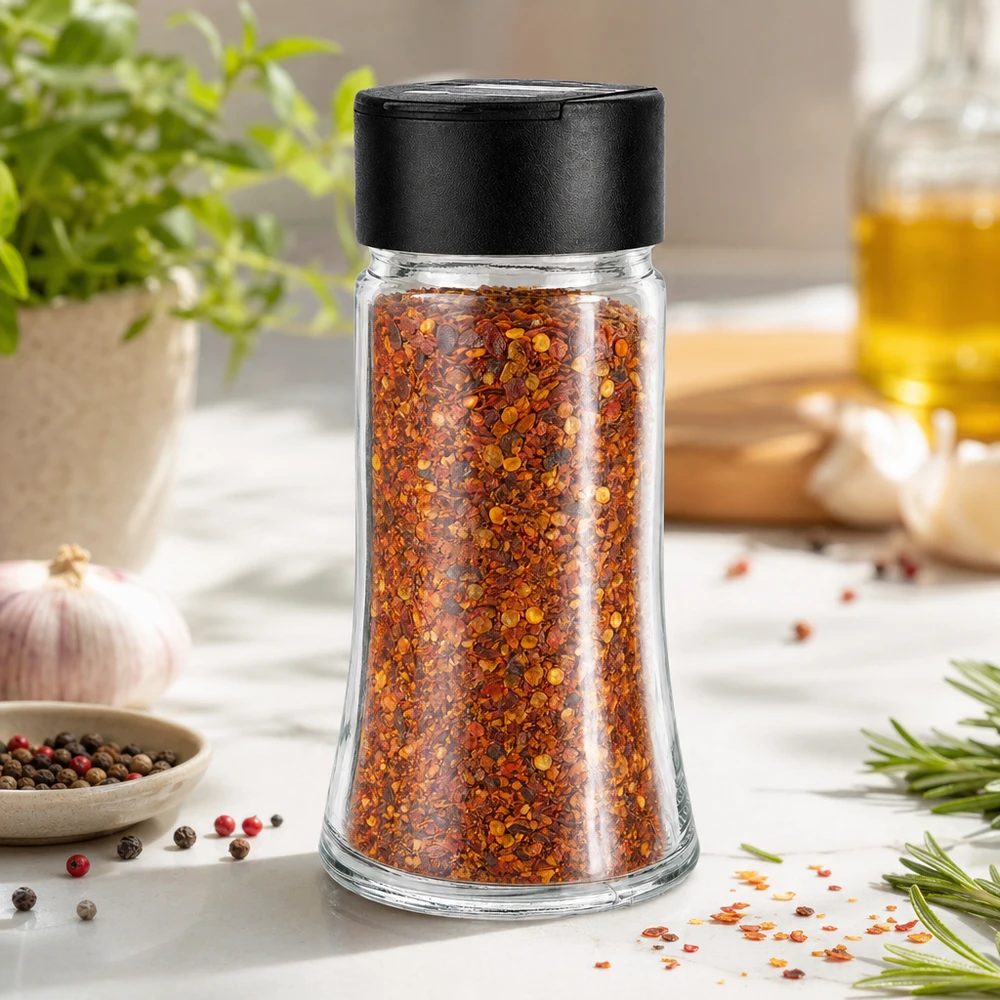 Pot à sel/épices 95 ml avec double saupoudreuse, noir Flocons de piment dans un bocal à épices en verre transparent de 95 ml, muni d'un couvercle saupoudreur noir, posé sur un socle en marbre