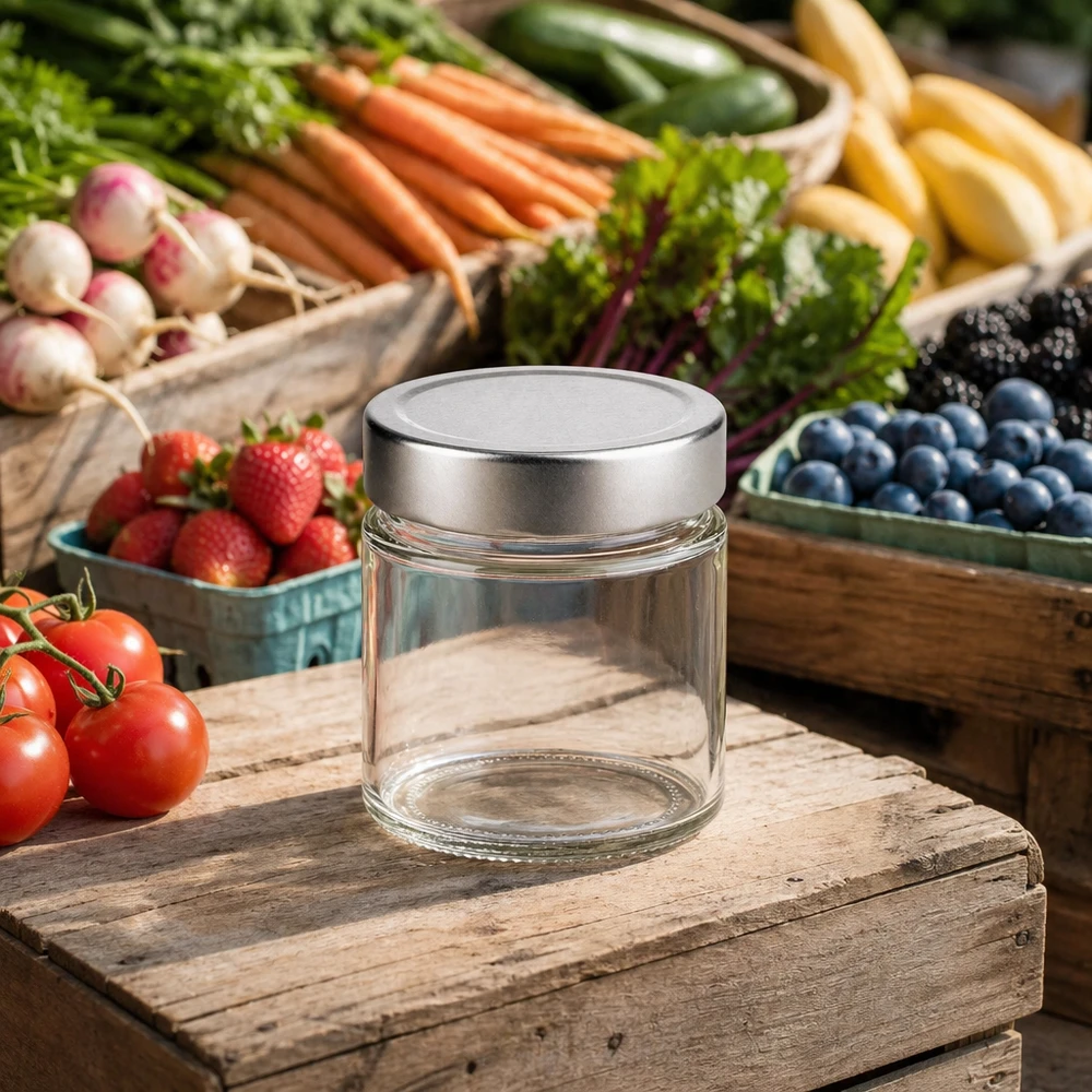 135ml Verre rond avec couvercle BasicSeal argent UNiTWIST 135ml Rundglas mit silbernem Deckel auf Holzbrett umgeben von frischem Gemüse Obst Marktstand-Atmosphäre natürliche Aufb