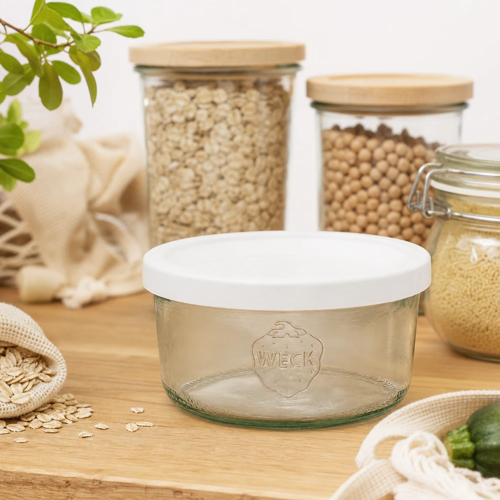 165ml bocal conique avec couvercle fraîcheur WECK RR80 WECK 165ml pot renversé RR80 vide dans la cuisine durable Zero Waste avec bocaux à provisions et sacs en tissu en bois