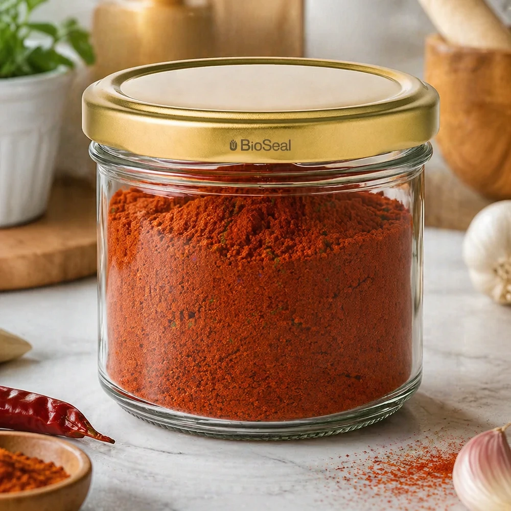 UNiTWIST Pot de conserve 125ml rempli de poudre de paprika - couvercle TO66 doré dans une ambiance de cuisine