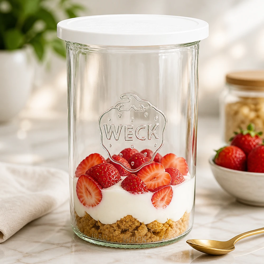 WECK Pot renversé 1000ml comme pot à dessert rempli de fraises et de crème montre l'utilisation polyvalente du pot de conserve RR100
