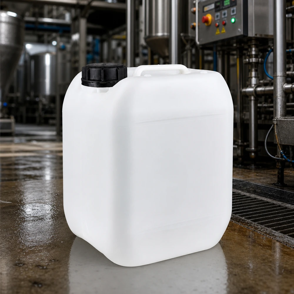 Bidon industriel transparent de 5 litres, vide, avec un couvercle noir, dans un hall de production
