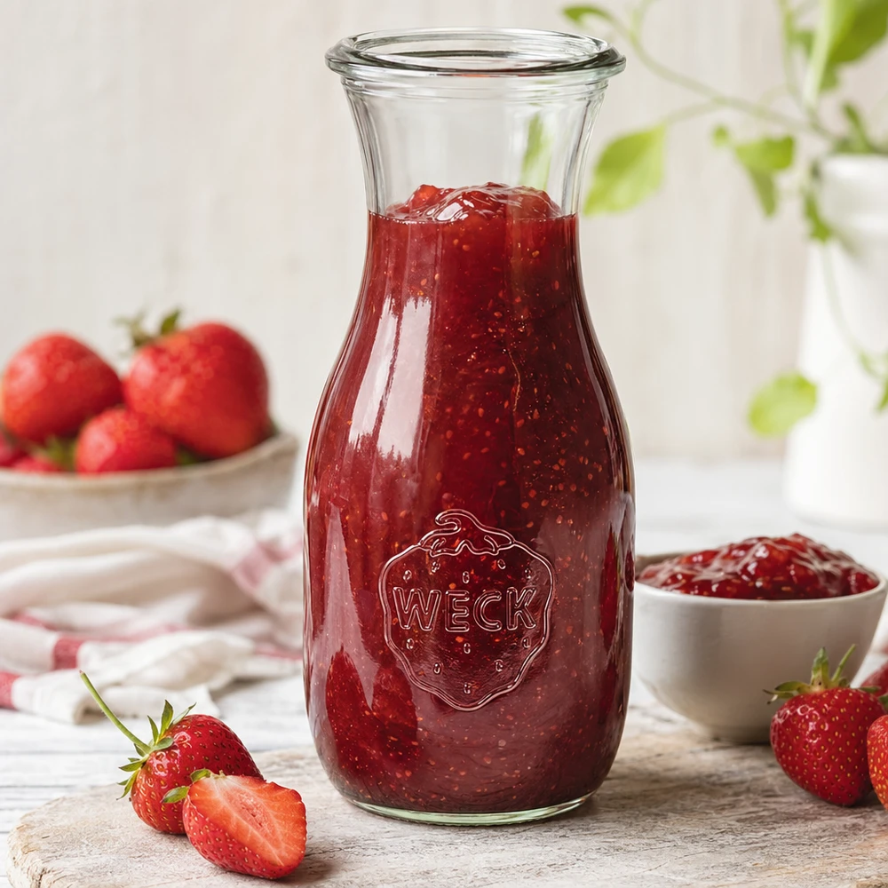 Bouteille de jus WECK RR60 de 530 ml remplie de confiture de fraises à côté de fraises coupées et d'un bol blanc