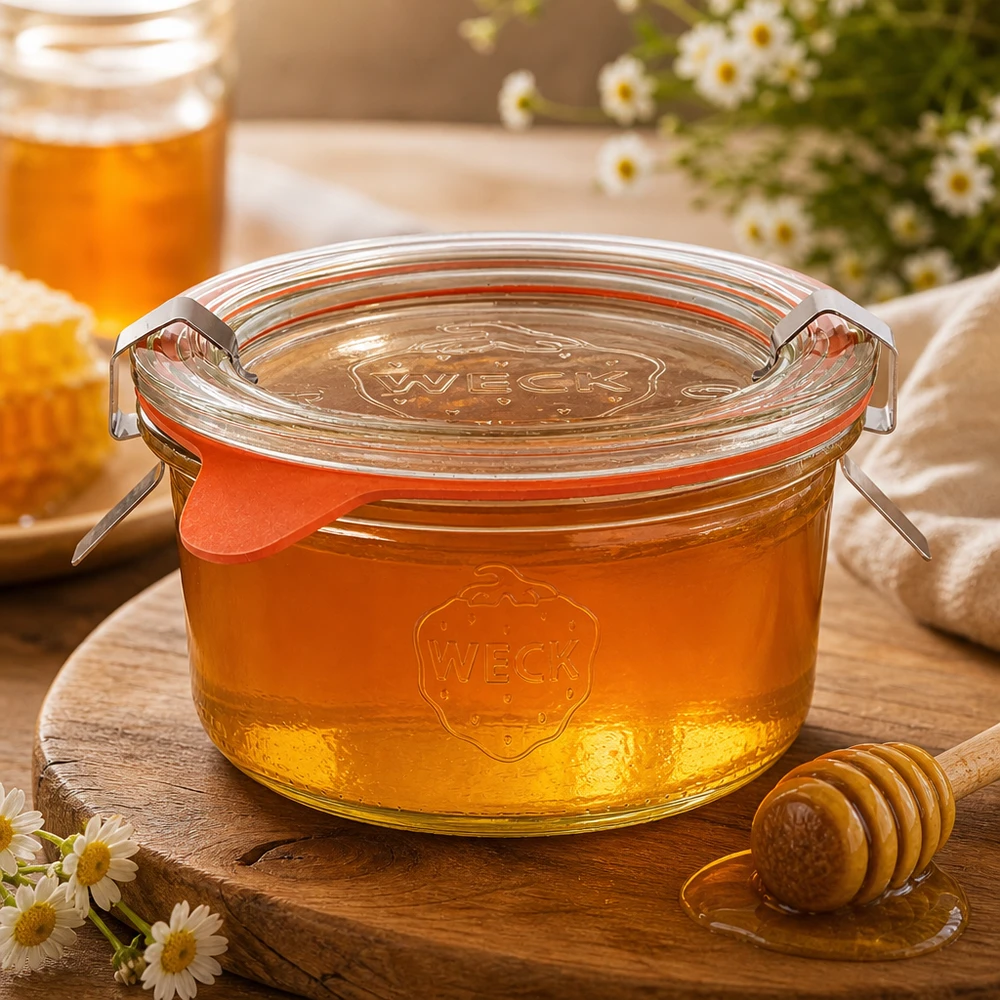 165ml bocal conique complet WECK RR80 WECK Pot renversé 165ml RR80 rempli de miel doré à côté d'une cuillère à miel et d'une marguerite sur une planche en bois