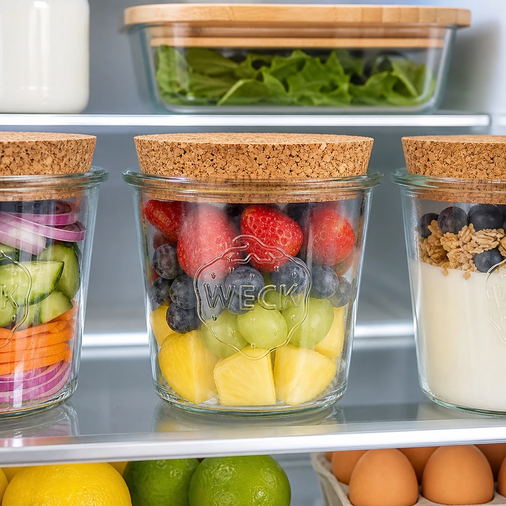 580ml bocal conique WECK RR100 avec bouchon nature WECK Pot renversé 580ml RR100 Couvercle en liège dans le réfrigérateur avec fruits frais Baies et Meal Prep Organisation