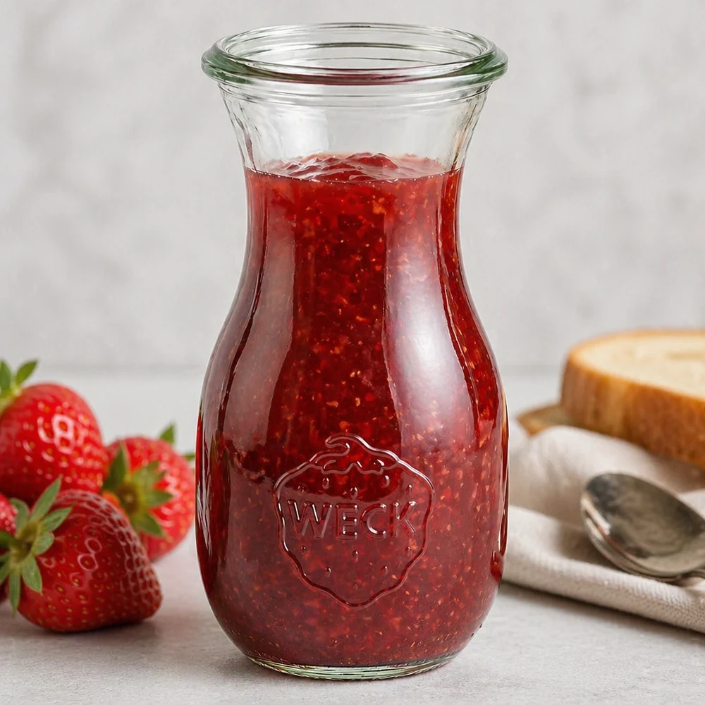 Bouteille à jus WECK RR60 de 290 ml Bouteille de jus de fruits remplie WECK 290ml RR60 avec confiture de fraises rouges et logo de l'entreprise visible sur la surface blanche