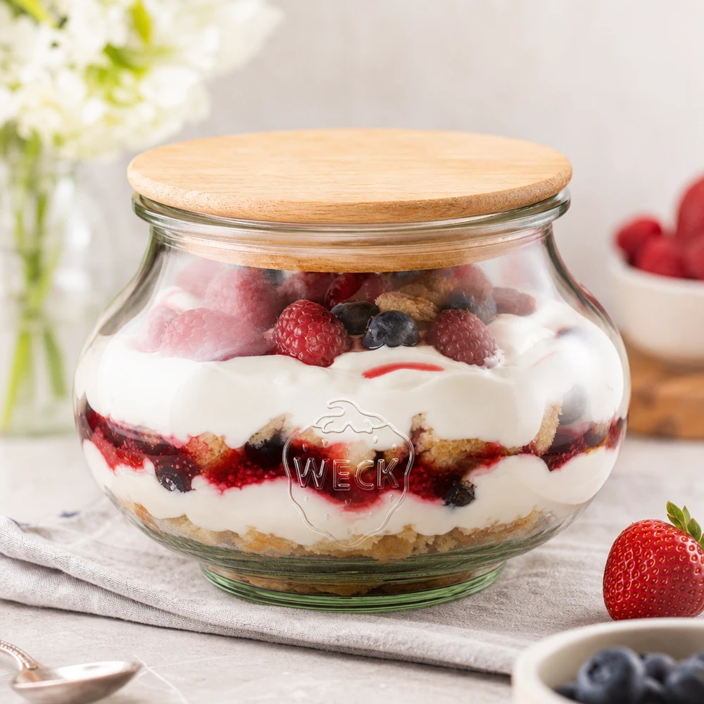 560ml bocal décoratif WECK RR80 avec couvercle en bois WECK Verre à bijoux 560ml RR80 Couvercle en bois rempli de baies Dessert Dessert en couches sur surface blanche Décoration de cuisine