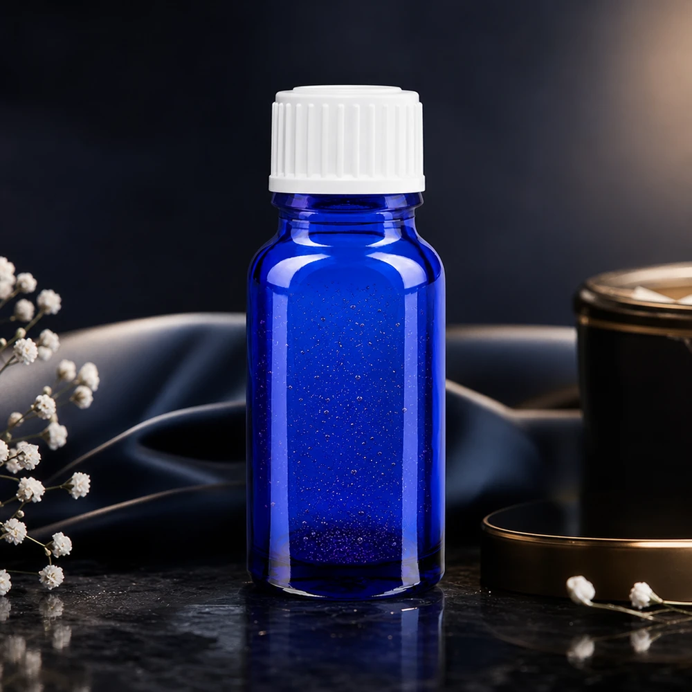 Flacon Glo bleu de 10 ml avec un goulot de 3 mm et un bouchon standard ApoGlas blanc