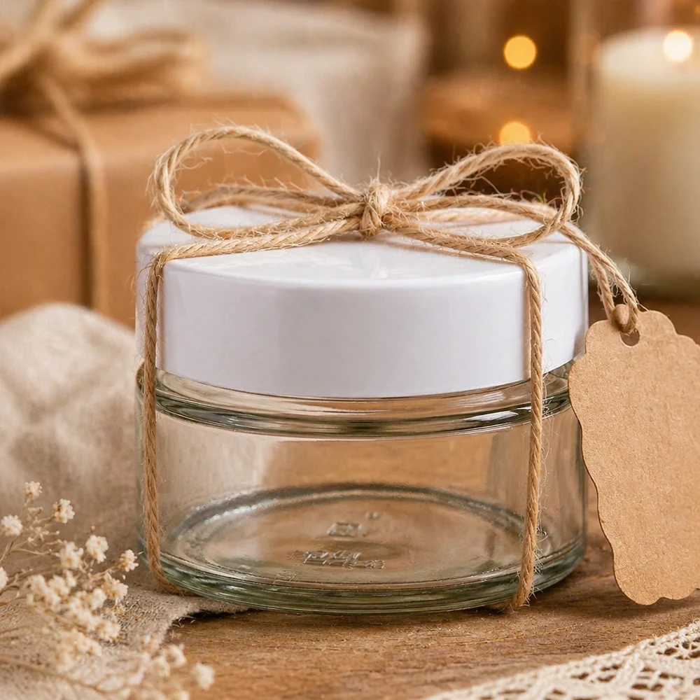 130ml Verre rond avec couvercle BasicSeal blanc UNiTWIST 130ml verre rond BasicSeal blanc comme emballage cadeau avec corde de jute et pendentif - DIY boîte cadeau en verre