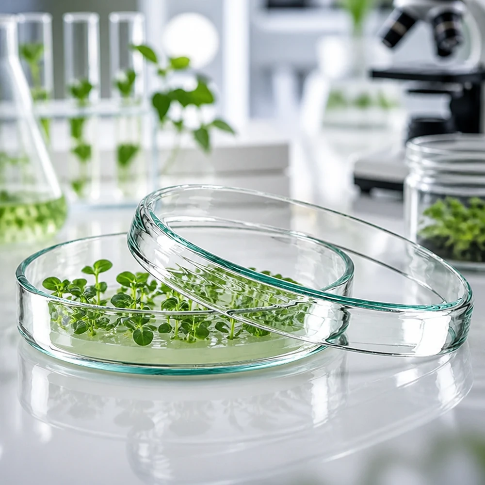 Boîte de Petri en verre sans compartiments, 80x15mm Boîte de Pétri en verre de 80 x 15 mm contenant des plants verts dans une solution nutritive transparente, dans un laboratoire de botanique