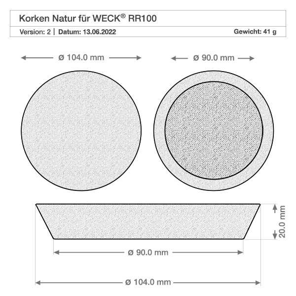 Dessin technique WECK RR100 Bouchon avec dimensions 104mm 90mm Diamètre 20mm Hauteur Poids 41g Liège naturel