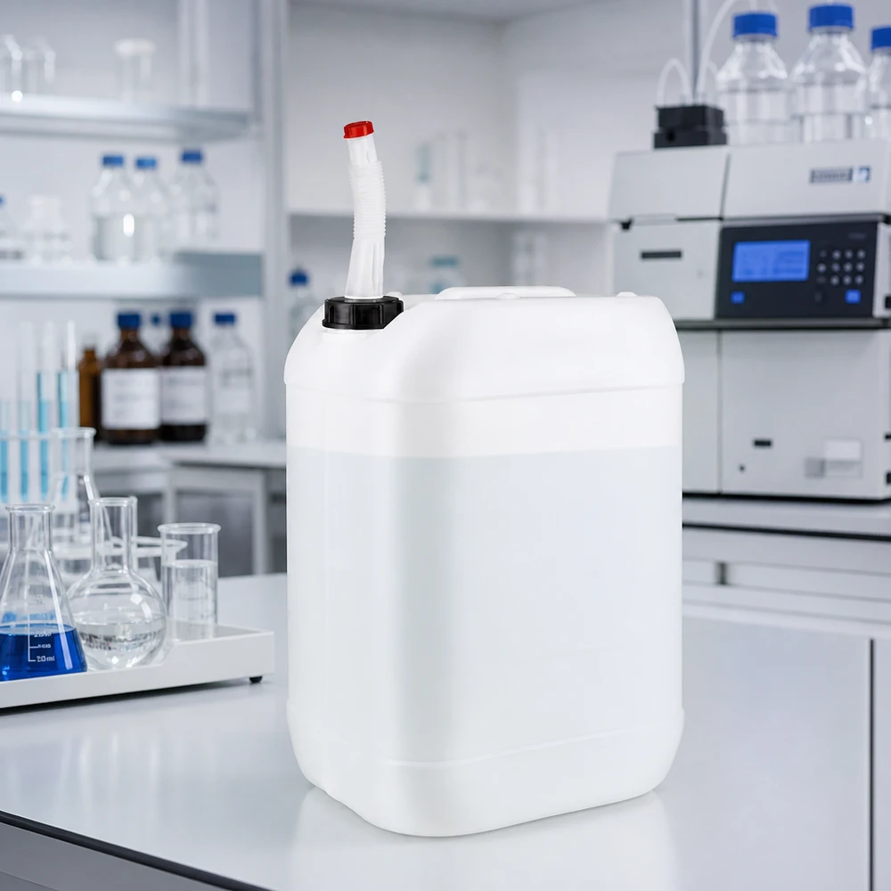 Bidon de 25 litres muni d'un bec verseur flexible, posé sur un plan de travail de laboratoire blanc à côté d'un ballon d'Erlenmeyer