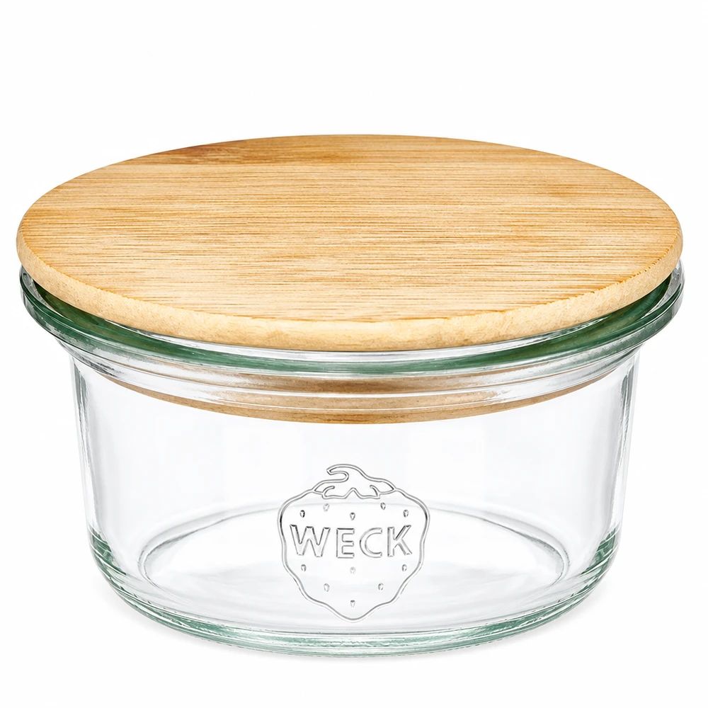 Mini bocal de 50ml WECK RR60 avec couvercle en bois Mini bocal renversé de 50 ml WECK RR60 avec couvercle rond en bois de bambou, verre transparent avec logo WECK