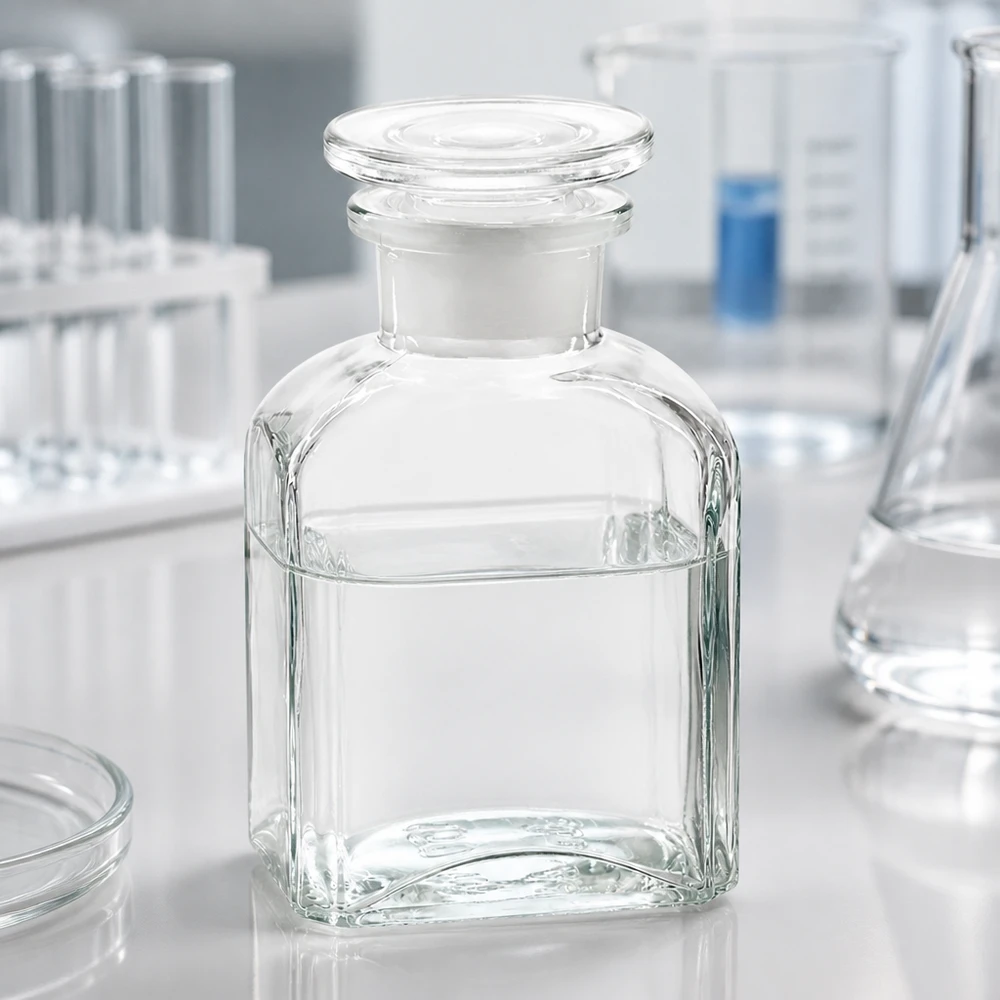 Flacon carré col large 150 ml + bouchon RIN, verre clair Flacon de laboratoire de 150 ml en verre transparent, à col large et muni d'un bouchon rond en verre