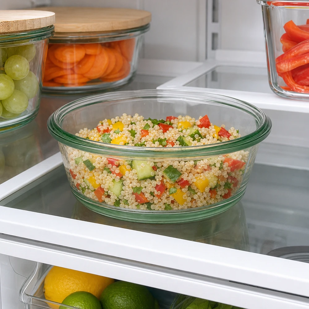 WECK RR120 Pot gourmet 300ml au réfrigérateur avec salade de quinoa montre une conservation pratique des plats Meal Prep