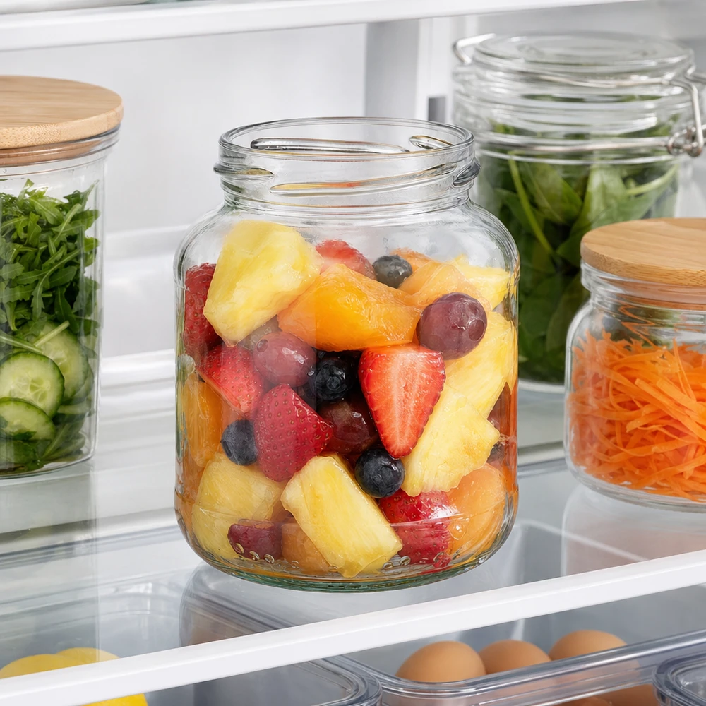 370ml Verre ovale sans couvercle (TO66) UNiTWIST UNiTWIST Oval370 Pot de conservation 370ml avec salade de fruits dans le réfrigérateur à côté d'autres pots de conservation avec légumes
