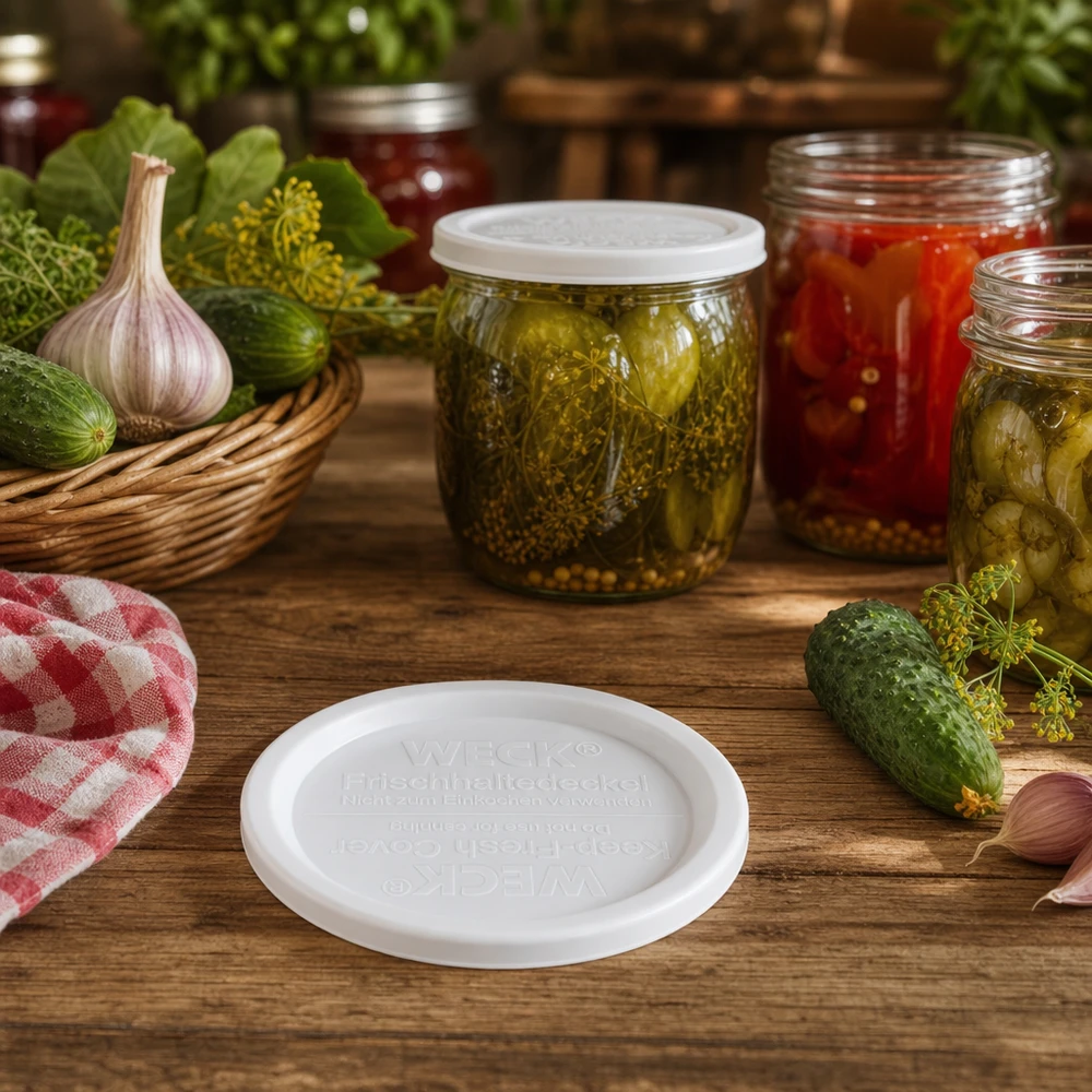 WECK Couvercle de conservation des produits frais RR120 dans une cuisine de conservation rustique avec des concombres marinés, des tomates et des herbes fraîches