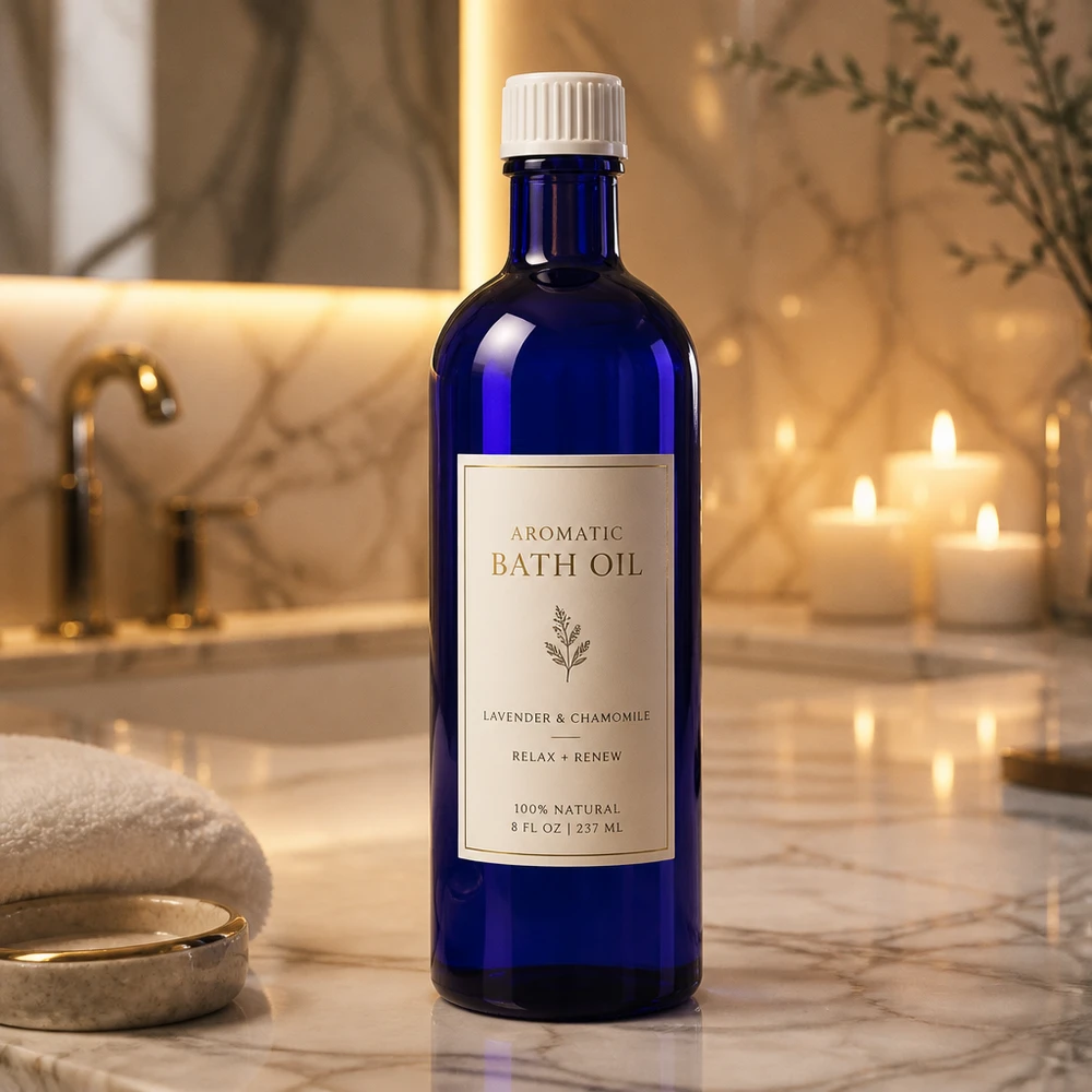 Flacon de pharmacie bleu de 200 ml, sels de bain, huile aromatique à la lavande et à la camomille, huile de bain naturelle