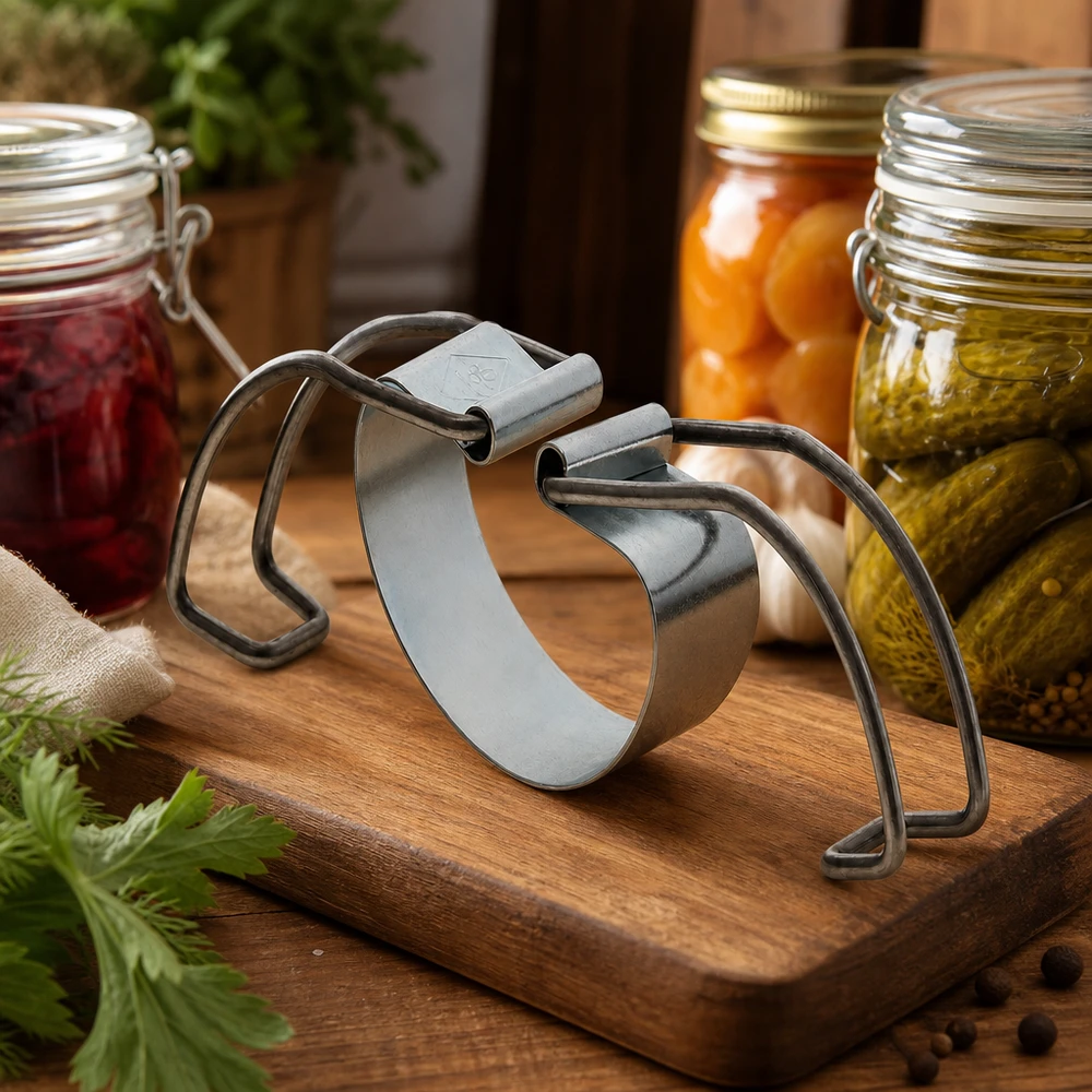 Etrier de mise en conserve RR100 sur planche en bois à côté de bocaux remplis de confiture et de légumes marinés