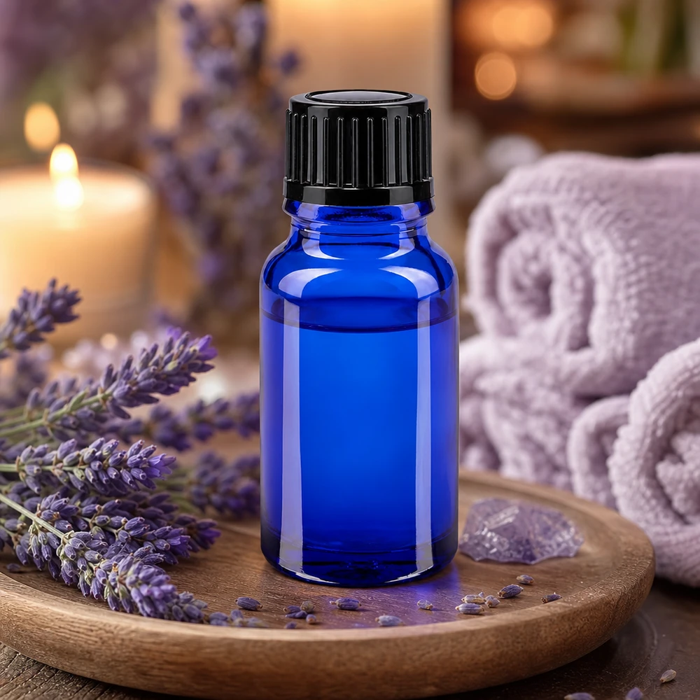 Petite bouteille en verre bleue de 10 ml avec bouchon noir pour huiles essentielles