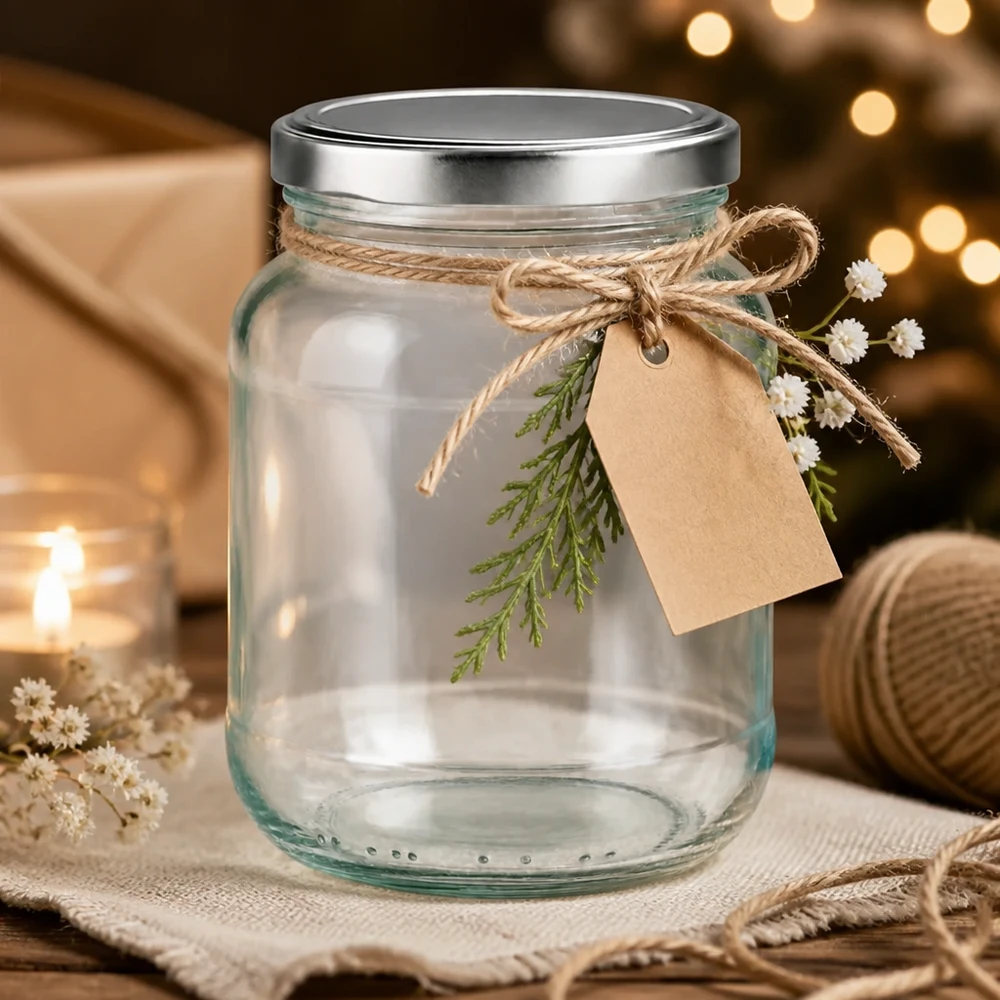 Verre ovale de 370 ml avec couvercle BasicSeal argenté comme idée de cadeau décoré avec une corde de jute et une étiquette cadeau