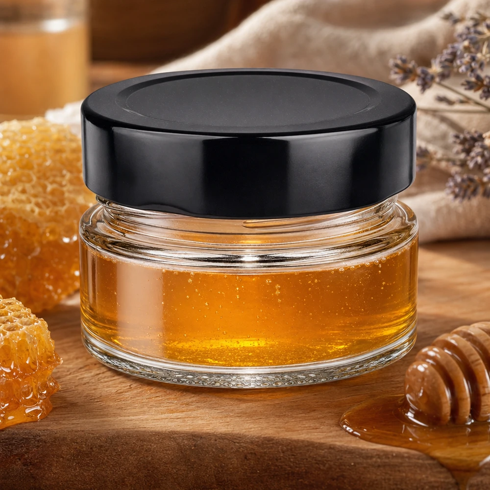 80ml Verre rond avec couvercle BasicSeal noir UNiTWIST Bocal rond de 80ml avec couvercle noir BasicSeal rempli de miel en nid d'abeille Cuillère en bois scène de cuisine naturelle
