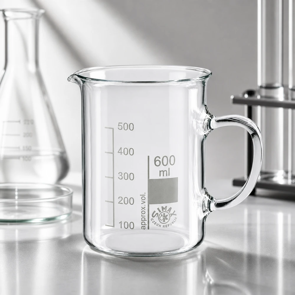 Bécher vide de 600 ml avec anse, de la marque SIMAX (République tchèque), posé sur un plan de travail de laboratoire